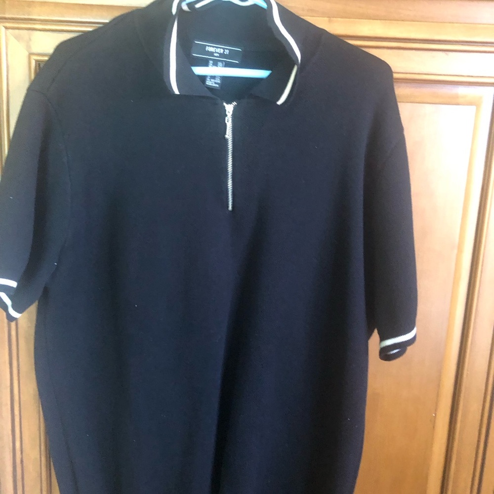 Forever 21 Men's Black Zip Front Polo Jacket with White Stripe